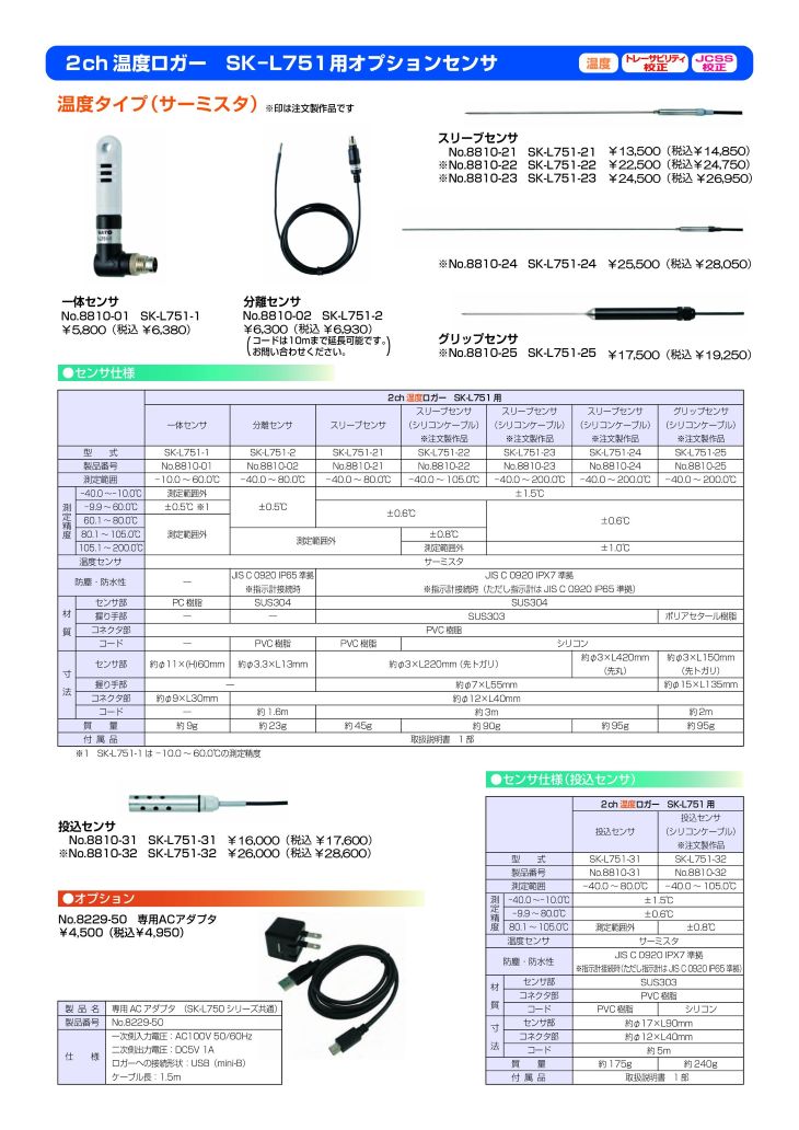 2ch温度データロガー 記憶計 分離センサ SK-L751-2