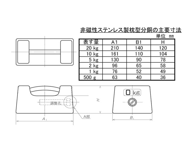 ステンレス製枕型分銅寸法図